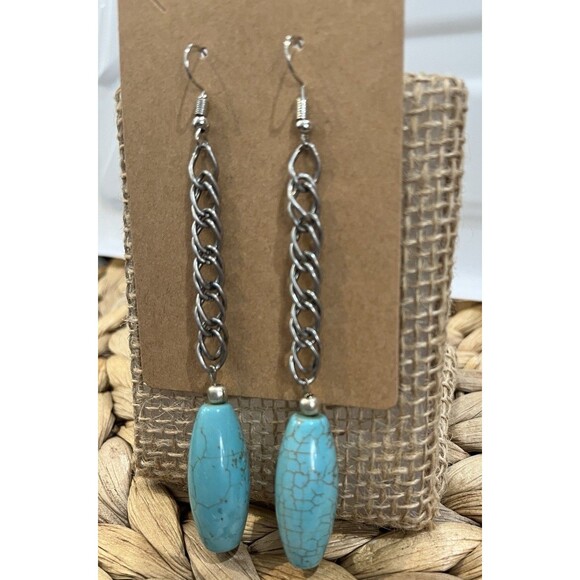 Victorian Turquoise Blue Sleeping Beauty Dangle Chain Link Steel Earrings - Picture 3 of 6